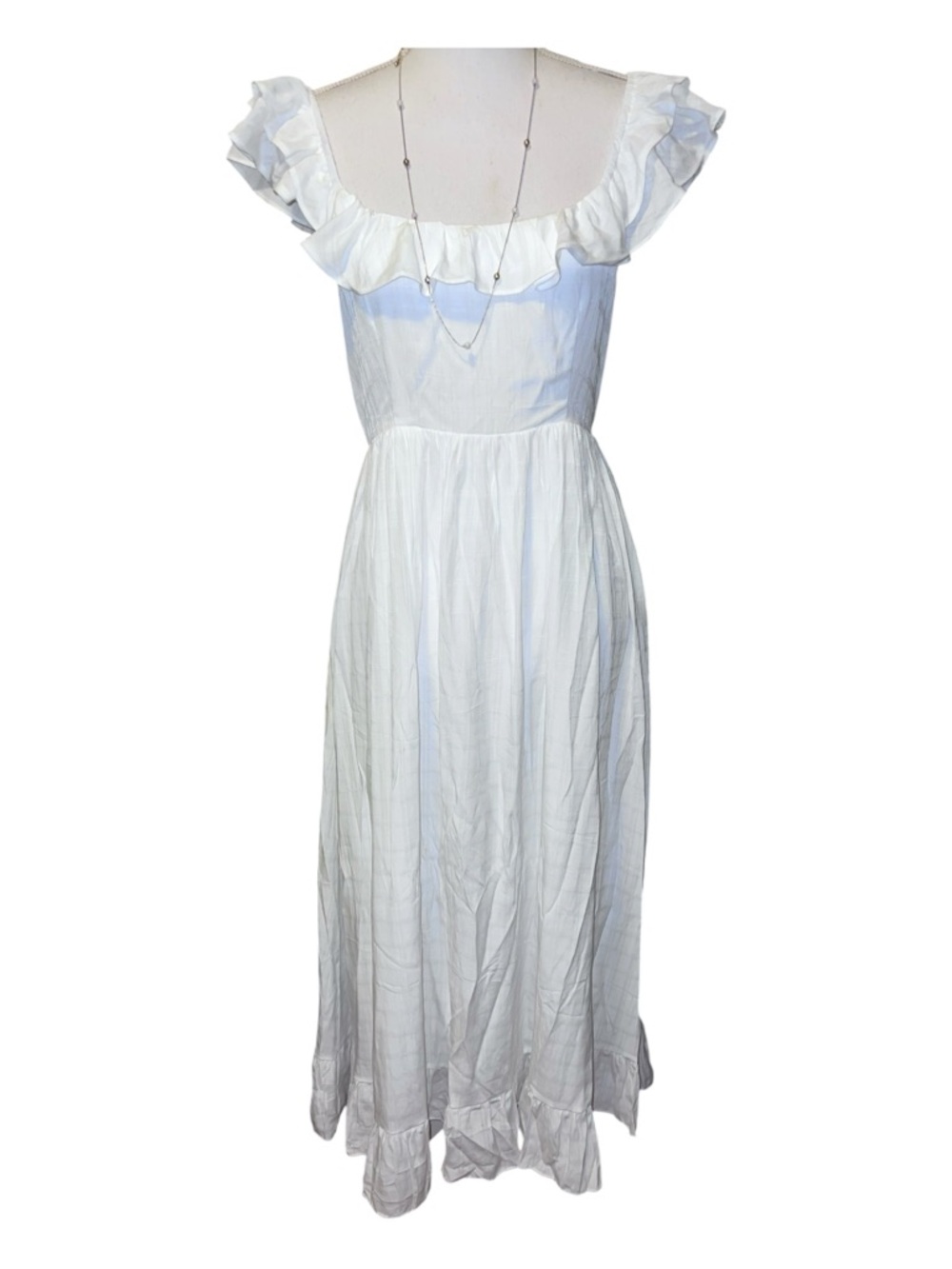 White cottagecore festival maxi dress with ruffles